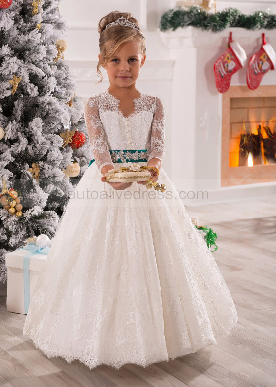 Ivory Lace Floor Length Flower Girl Dress Party Dress